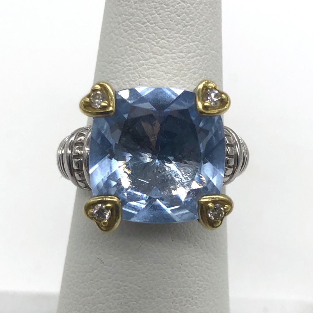 Judith Ripka Silver Ring with Blue Gem and Gold Heart Details